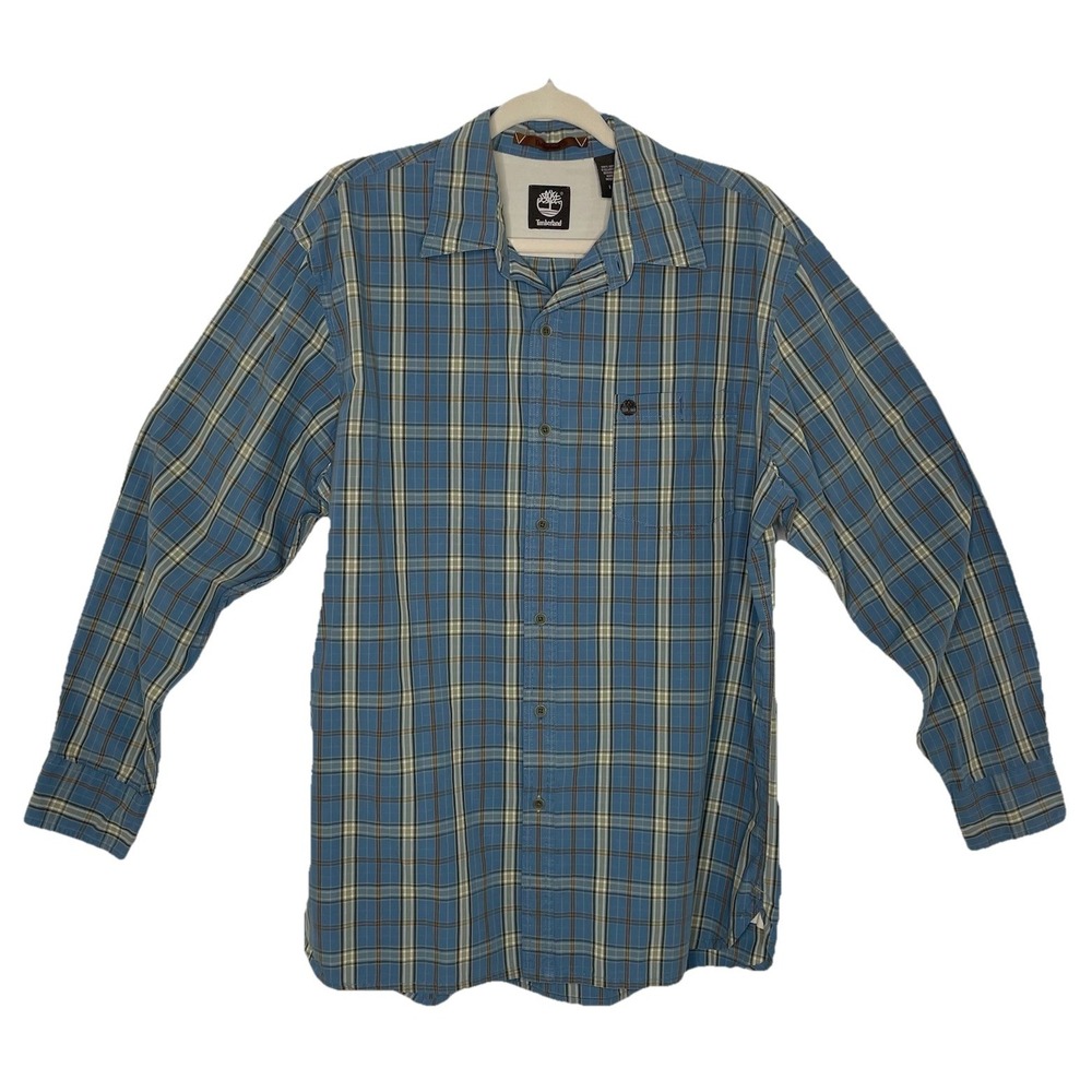Timberland Button Up Shirt Mens Large Long Sleeve Blue & Brown Plaid Cotton EUC